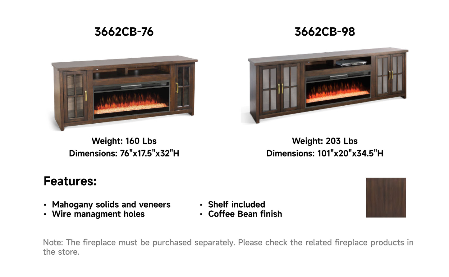 3662CB-76 Media Cabinet w/ 42" Fireplace Option TV Console/TV Stand Brown (76-Inch,optional Electric Fireplace,3658c&3658w-fpi)