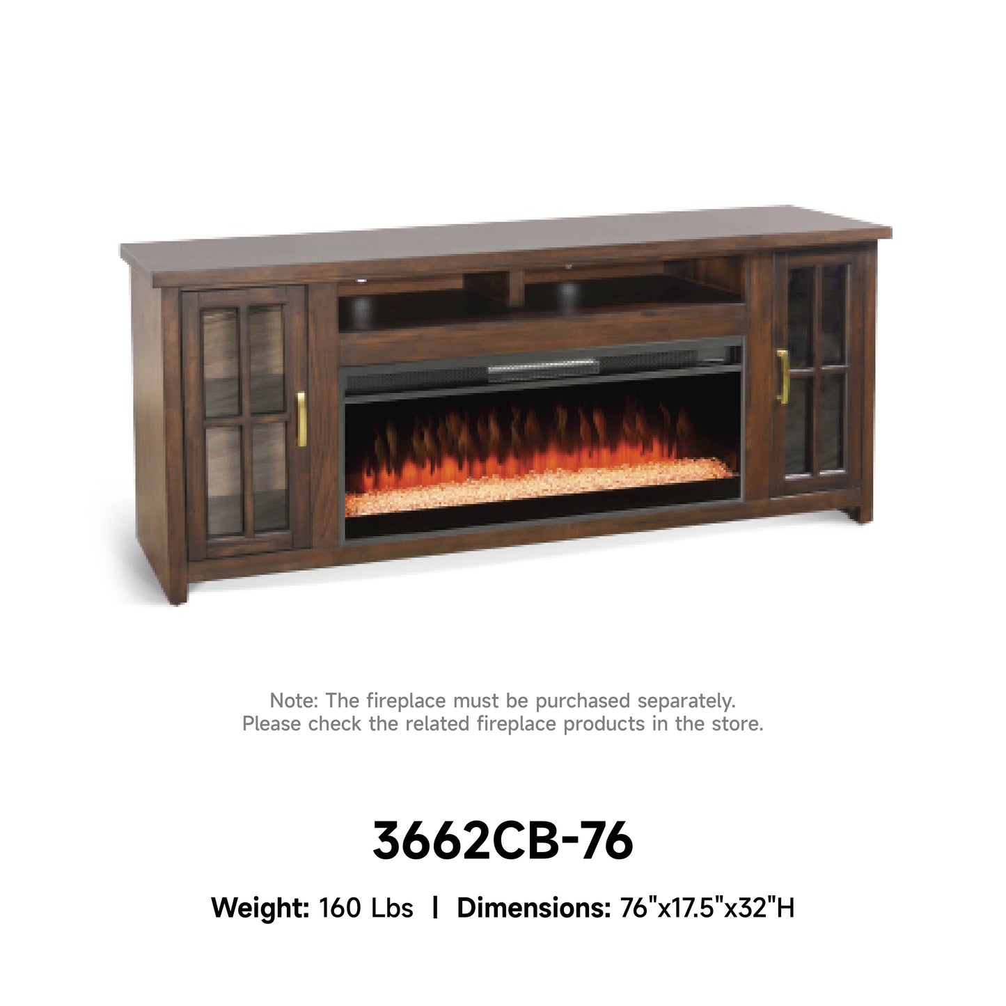 3662CB-76 Media Cabinet w/ 42" Fireplace Option TV Console/TV Stand Brown (76-Inch,optional Electric Fireplace,3658c&3658w-fpi)