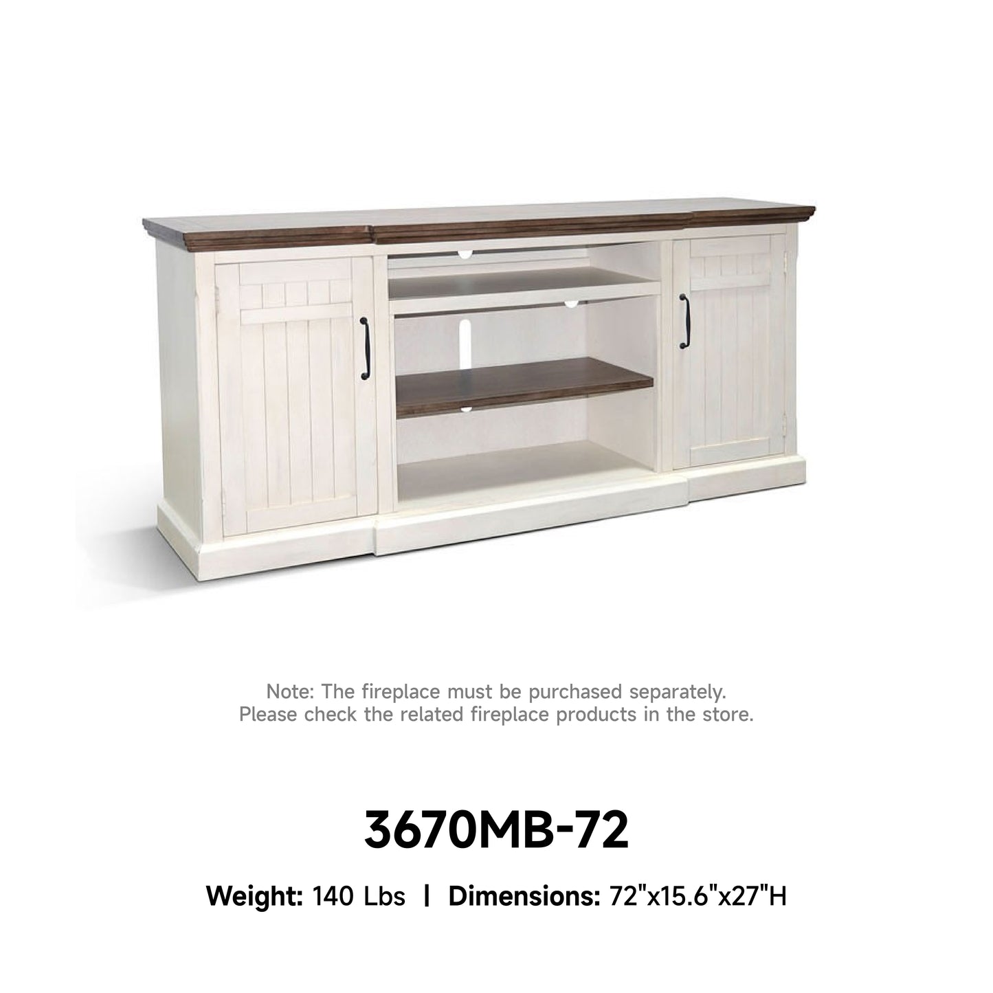 3670MB-72 Media Console Rustic TV Stand White (72-inch, Not Contain Fireplace, W/28'' Fireplace Option 2001B-28W&C)