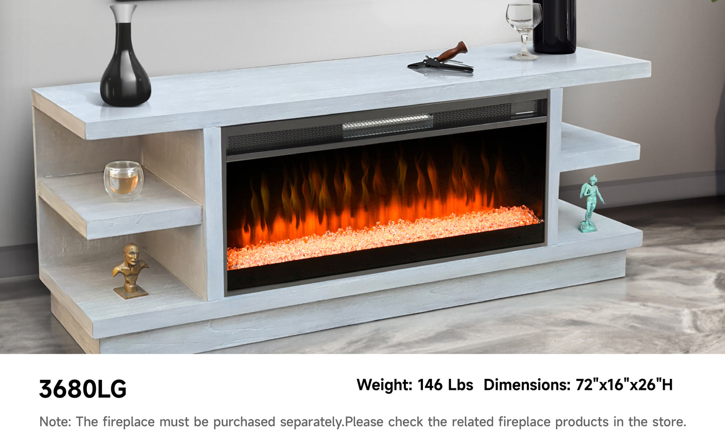 3680LG Media Cabinet w/ Pier & 42" Fireplace Option TV Console/TV Stand White (78-Inch,optional Electric Fireplace,3658c&3658w-fpi)