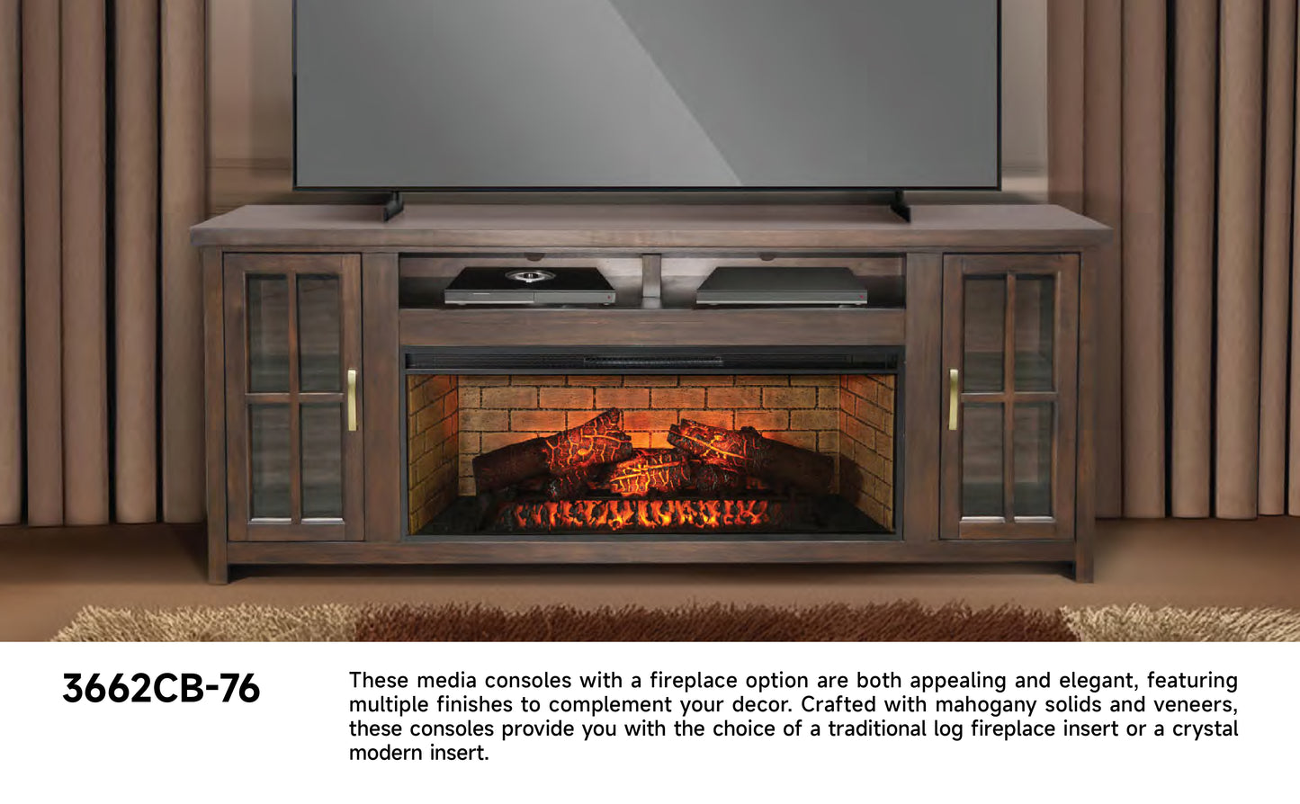 3662CB-76 Media Cabinet w/ 42" Fireplace Option TV Console/TV Stand Brown (76-Inch,optional Electric Fireplace,3658c&3658w-fpi)