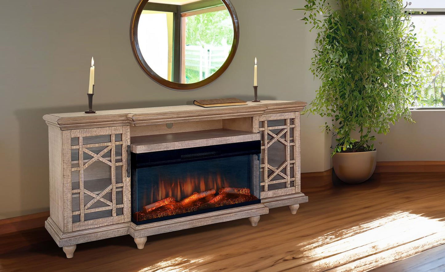 3687DR Media Console Rustic TV Stand Beige (72-inch, optional Fireplace ,for 36''fireplace option 2001B-36P )