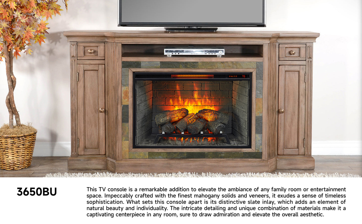 3650BU TV Stand /TV console with Storage Cabinets, Rustic Oak Finish(72-Inch, optional 33''Fireplace, 3648&3666-FPI)