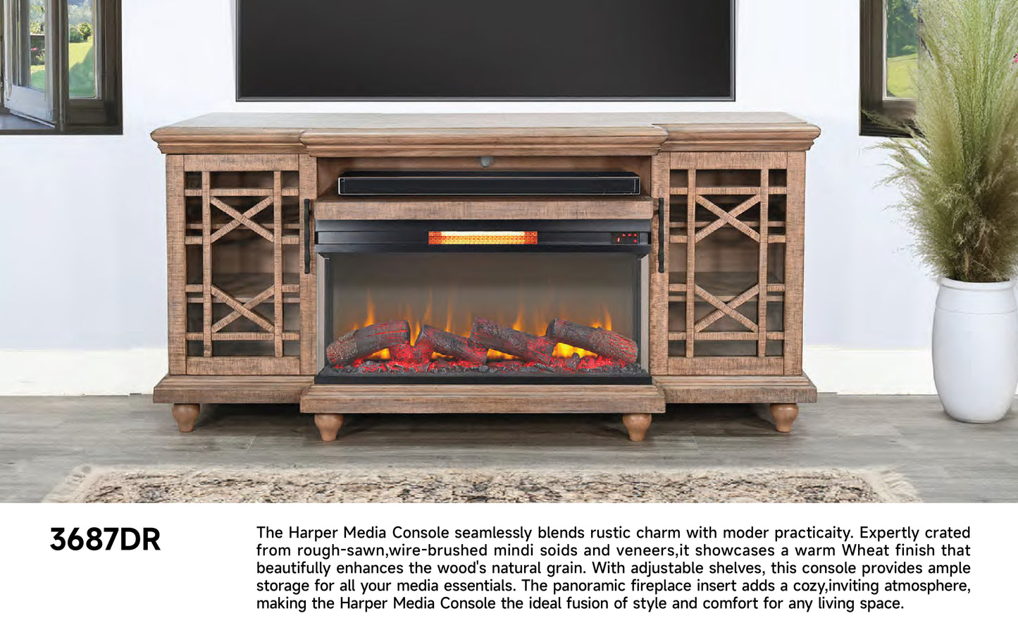 3687DR Media Console Rustic TV Stand Beige (72-inch, optional Fireplace ,for 36''fireplace option 2001B-36P )