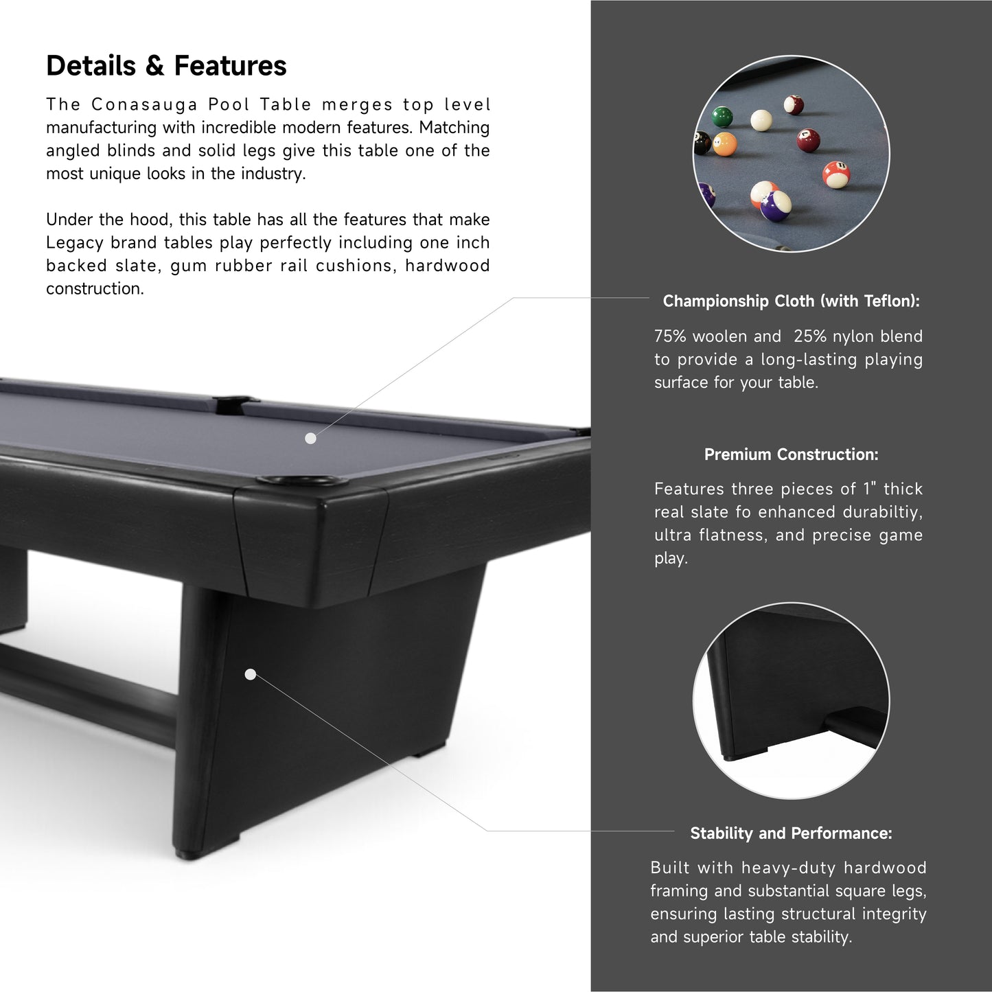 Conasauga Slate Pool Table - Raven Finish
