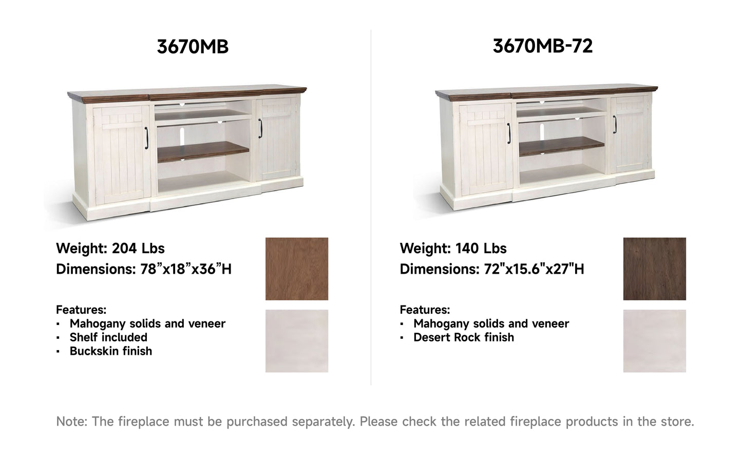 3670MB-72 Media Console Rustic TV Stand White  (72-inch, Not Contain Fireplace, W/28'' Fireplace Option 2001B-28W&C)