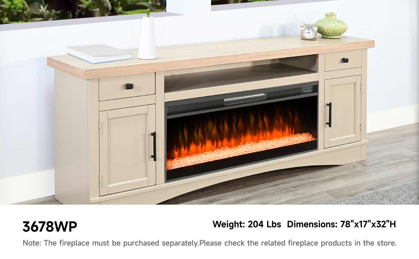 3678WP Media Cabinet w/ 42" Fireplace Option TV Console/TV Stand White (78-Inch，optional Electric Fireplace,3658c&3658w-fpi)