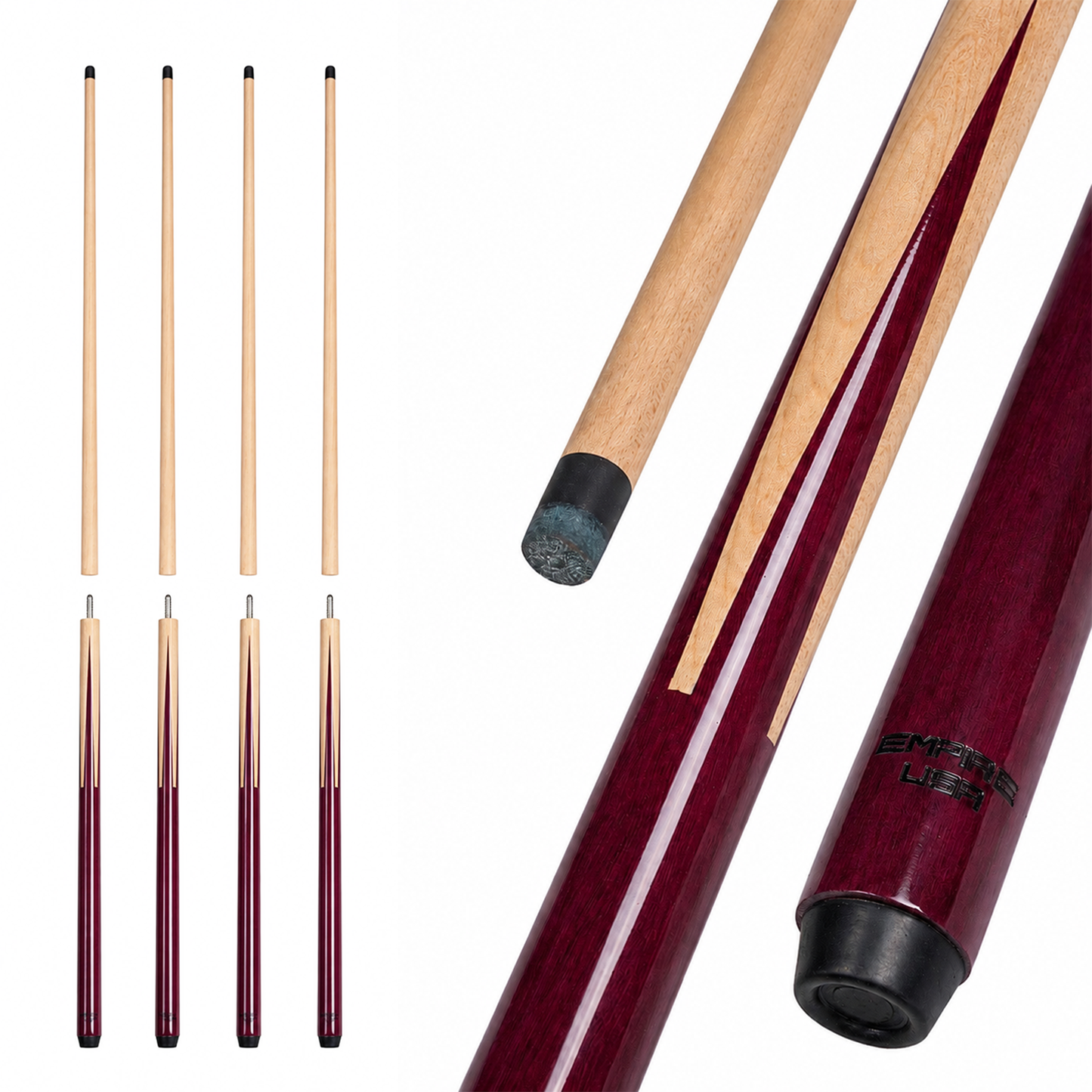 Empire USA - 57" 2-Piece Pool Cue Set 4Pcs 18/19/20/21oz, Peltogyne & Maple Shaft, 13mm Tip with Carbon Fiber Ferrule