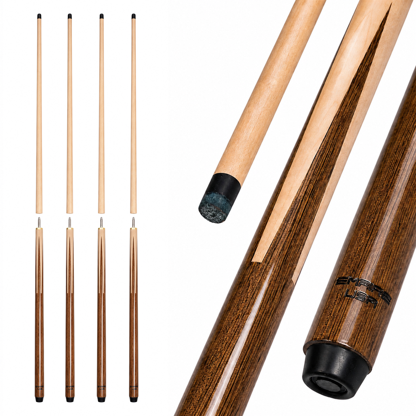 Empire USA - 57" 2-Piece Pool Cue Set 4Pcs 18/19/20/21oz, Walnut Butt & Maple Shaft, 13mm Tip with Carbon Fiber Ferrule