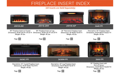 33'' 3648-FPI Electric Fireplace Insert, w/Remote Control, Thermostat, Timer, 1500w