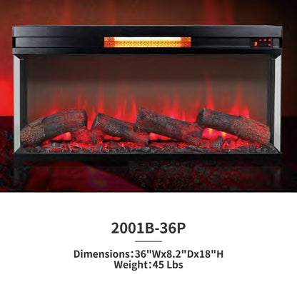 36''Panoramic Electric Fireplace Insert, with 3-Side Glass & Multi-Color Flame, w/Remote Control, Thermostat, Timer, 1500w