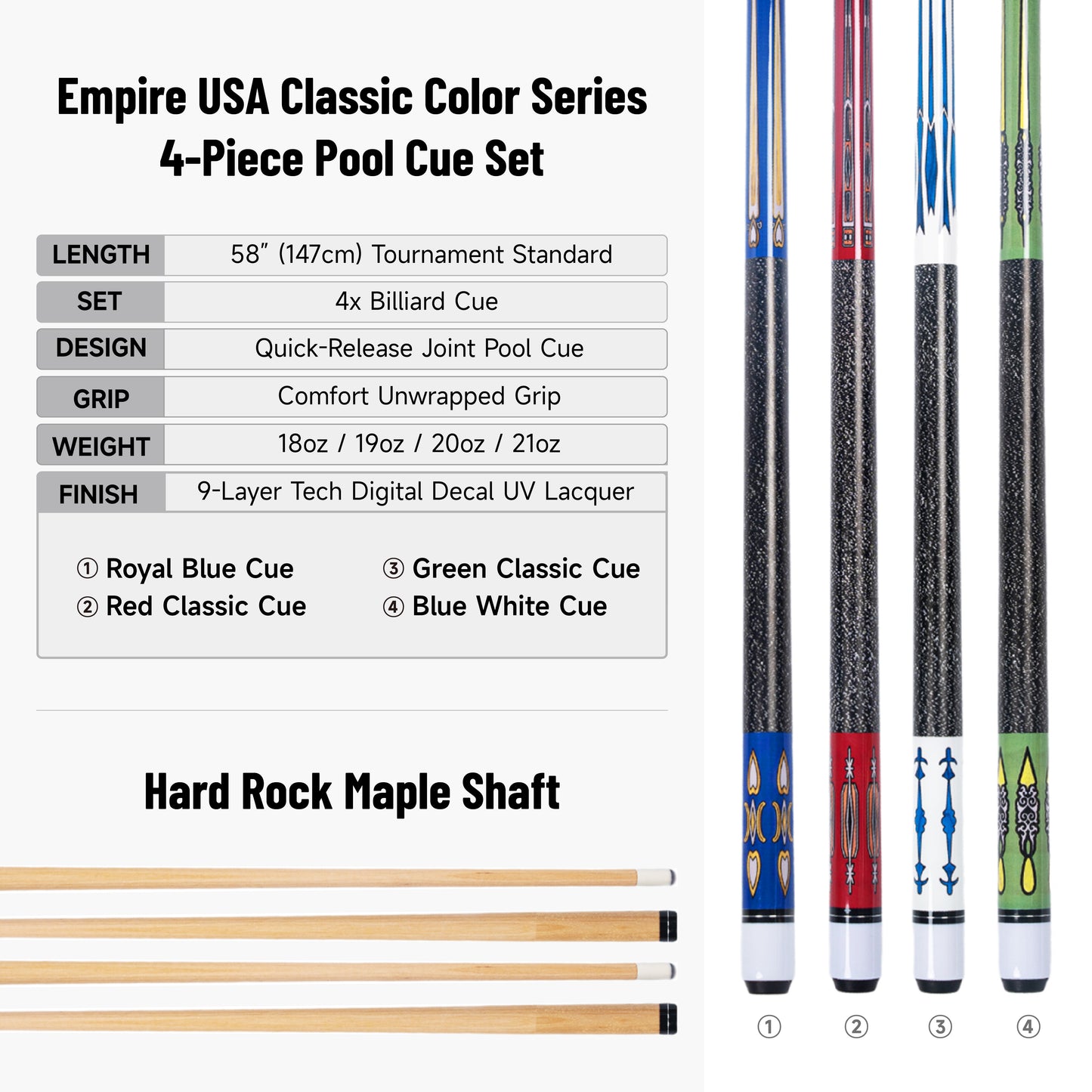Empire USA - Classic Color Series 4-Piece 1/2 Pool Cue Set