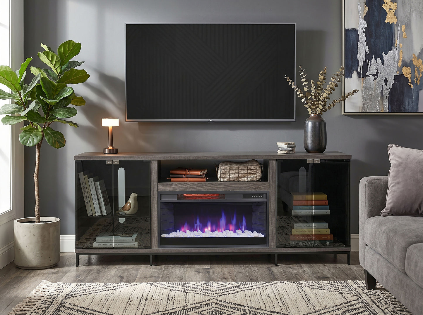 3502GOM Media Console Rustic TV Stand  Grey Walnut  (70-inch, Not Contain Fireplace, W/28'' Fireplace Option 2001B-28W&C)