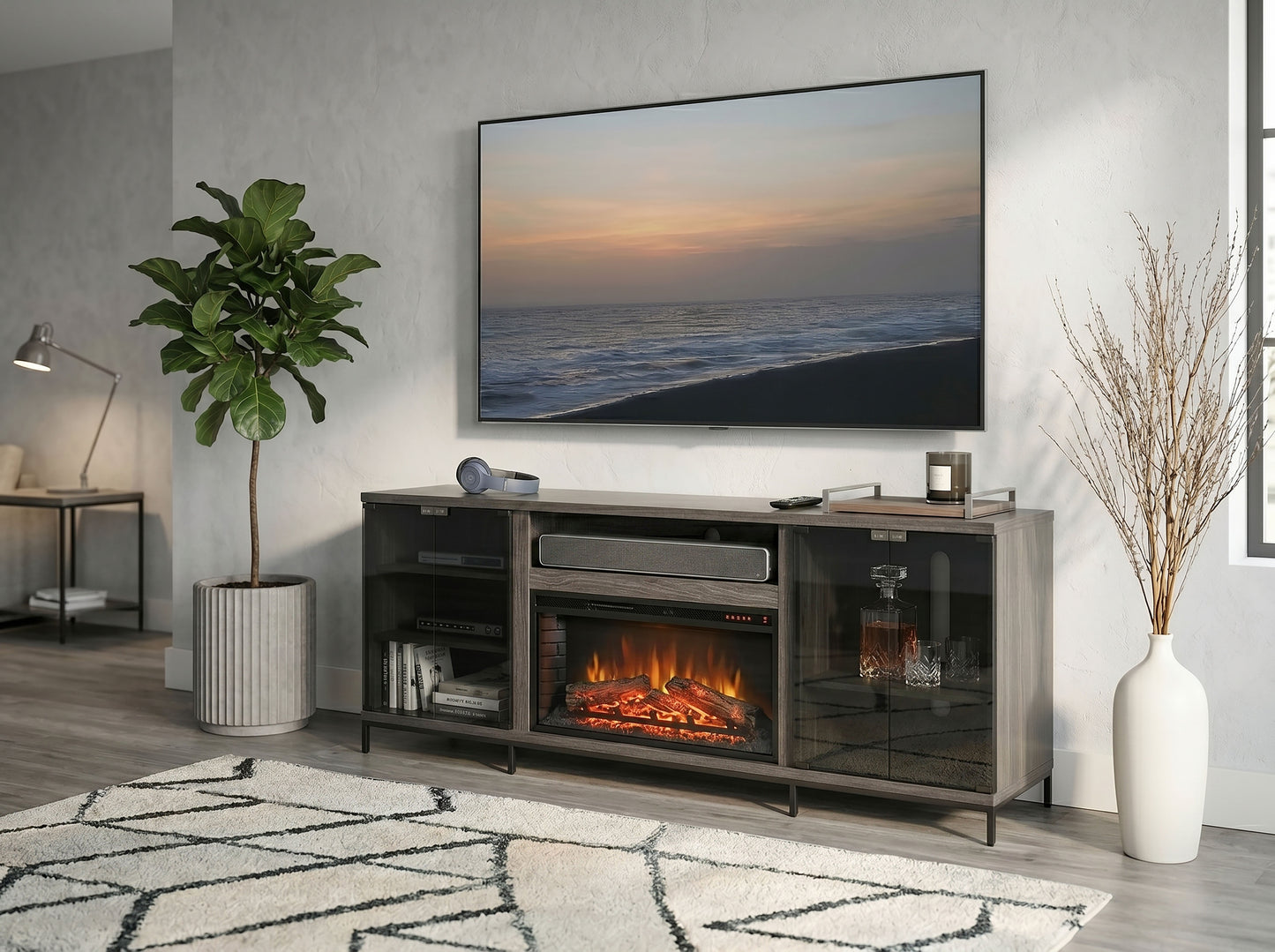 3502GOM Media Console Rustic TV Stand  Grey Walnut  (70-inch, Not Contain Fireplace, W/28'' Fireplace Option 2001B-28W&C)