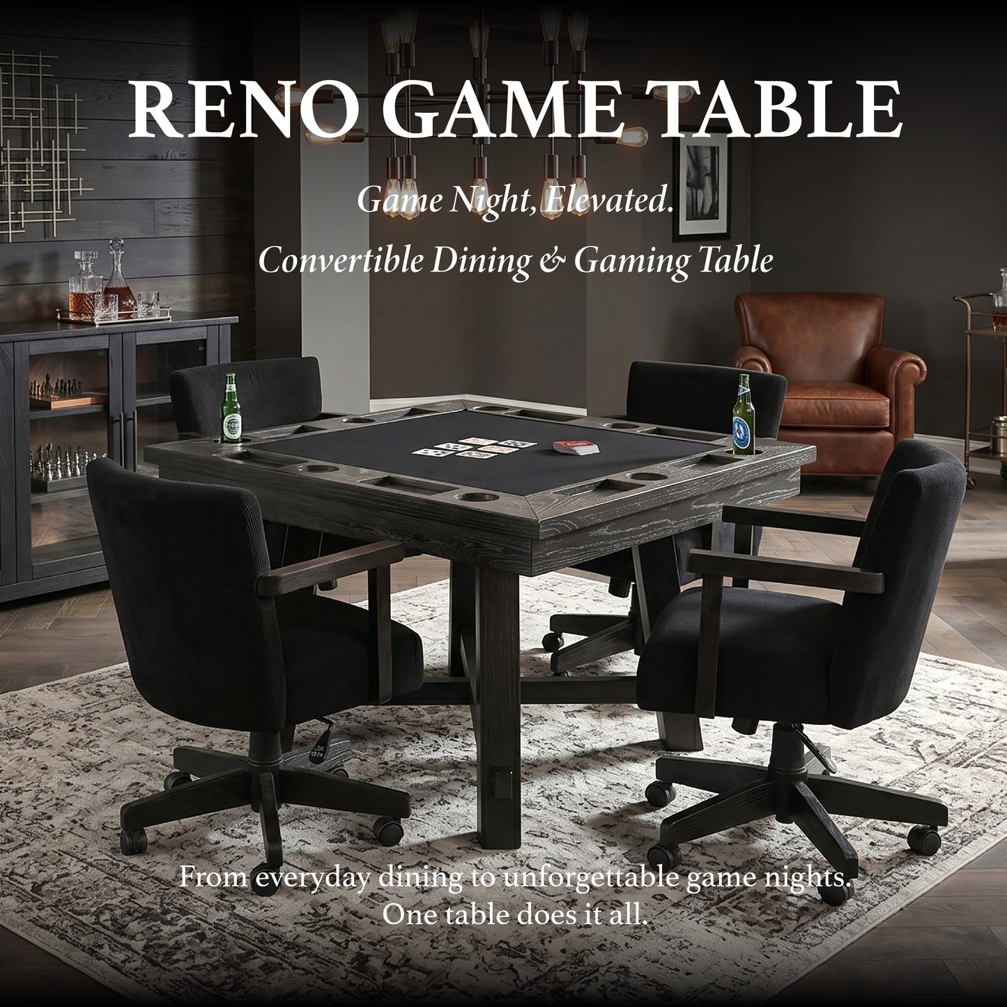 Reno - Poker Game & Dining Table Set (Blackwashed Finish)