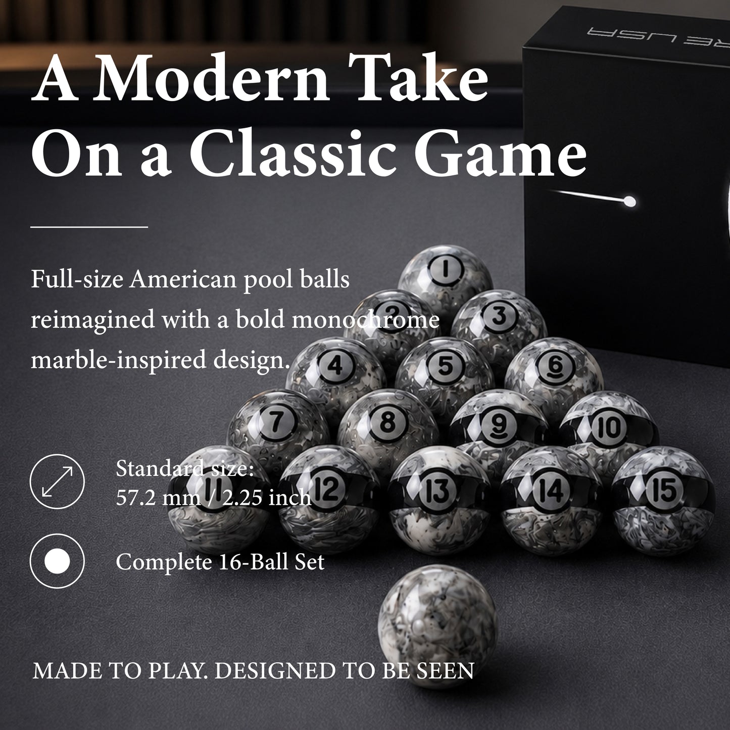 Empire USA   Gray Marble Pattern, Numbered Pool Balls with Black Stripes