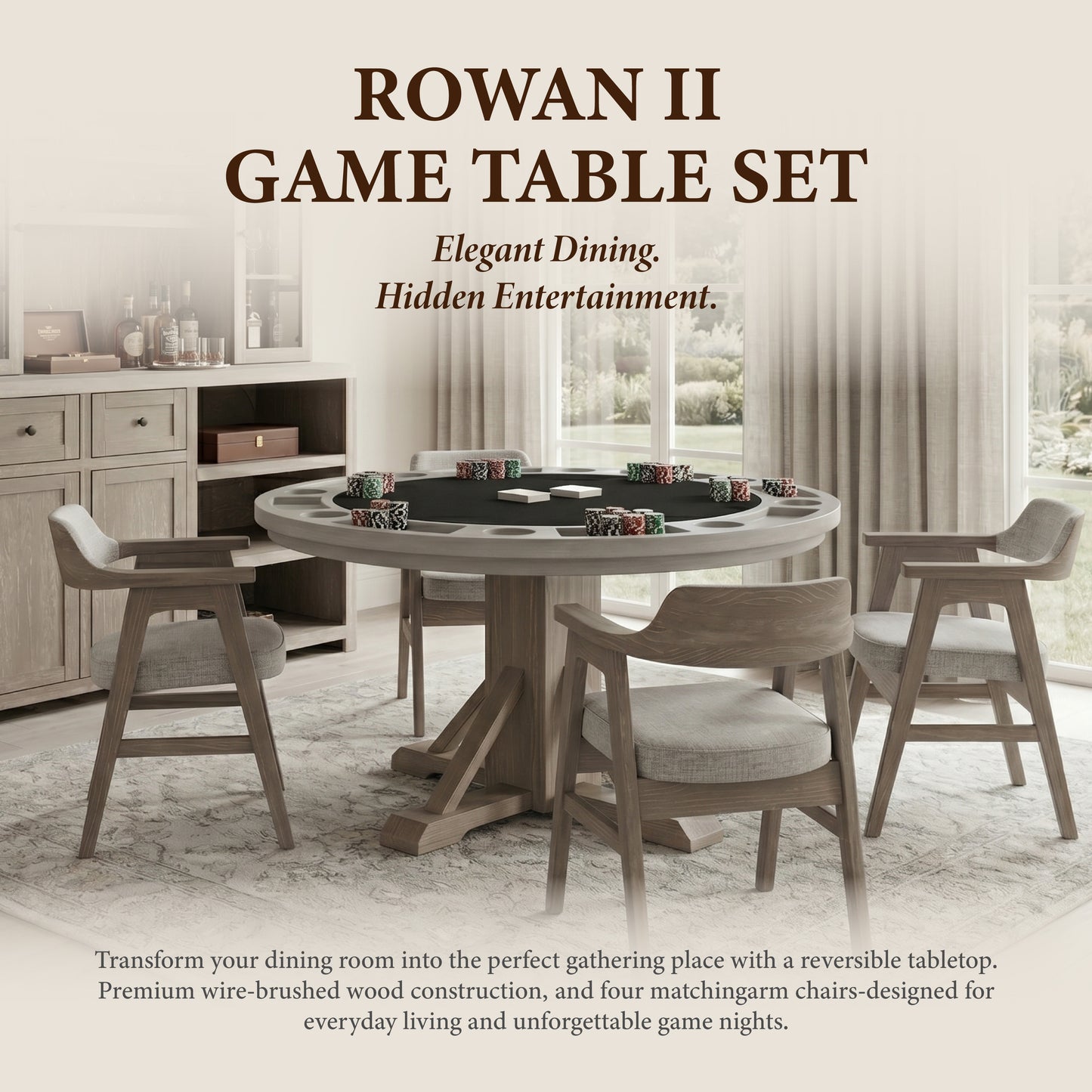 Rowan II - Poker Game & Dining Table Set (Light Grey + Wheat Finish)