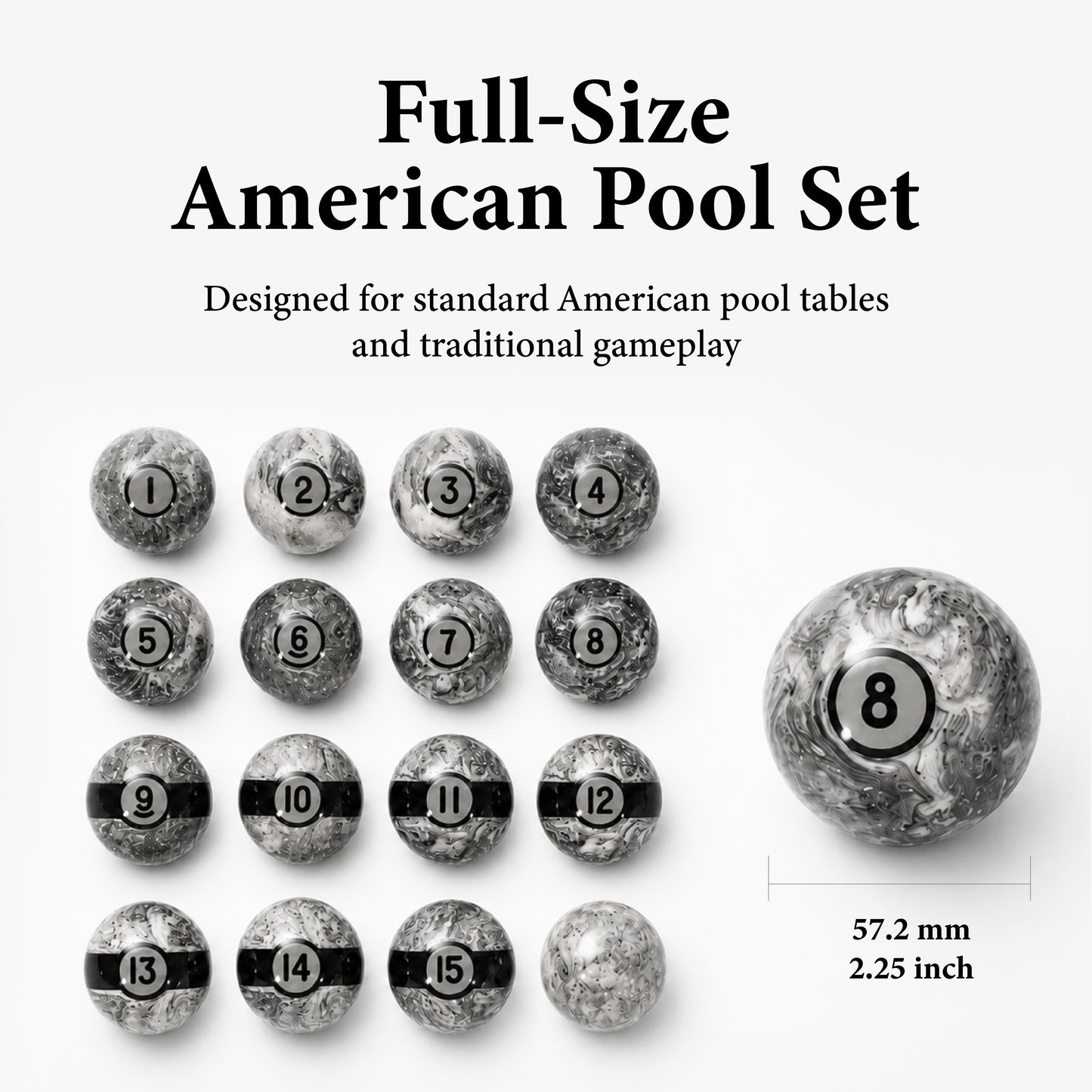 Empire USA   Gray Marble Pattern, Numbered Pool Balls with Black Stripes
