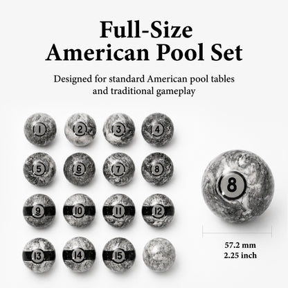 Empire USA   Gray Marble Pattern, Numbered Pool Balls with Black Stripes