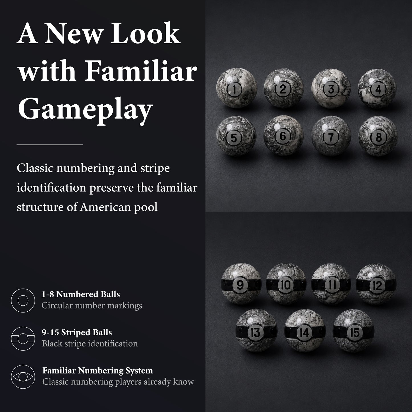 Empire USA   Gray Marble Pattern, Numbered Pool Balls with Black Stripes