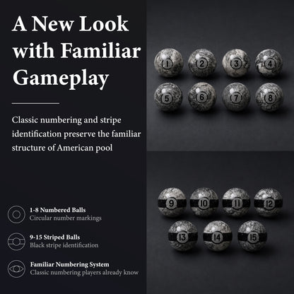 Empire USA   Gray Marble Pattern, Numbered Pool Balls with Black Stripes