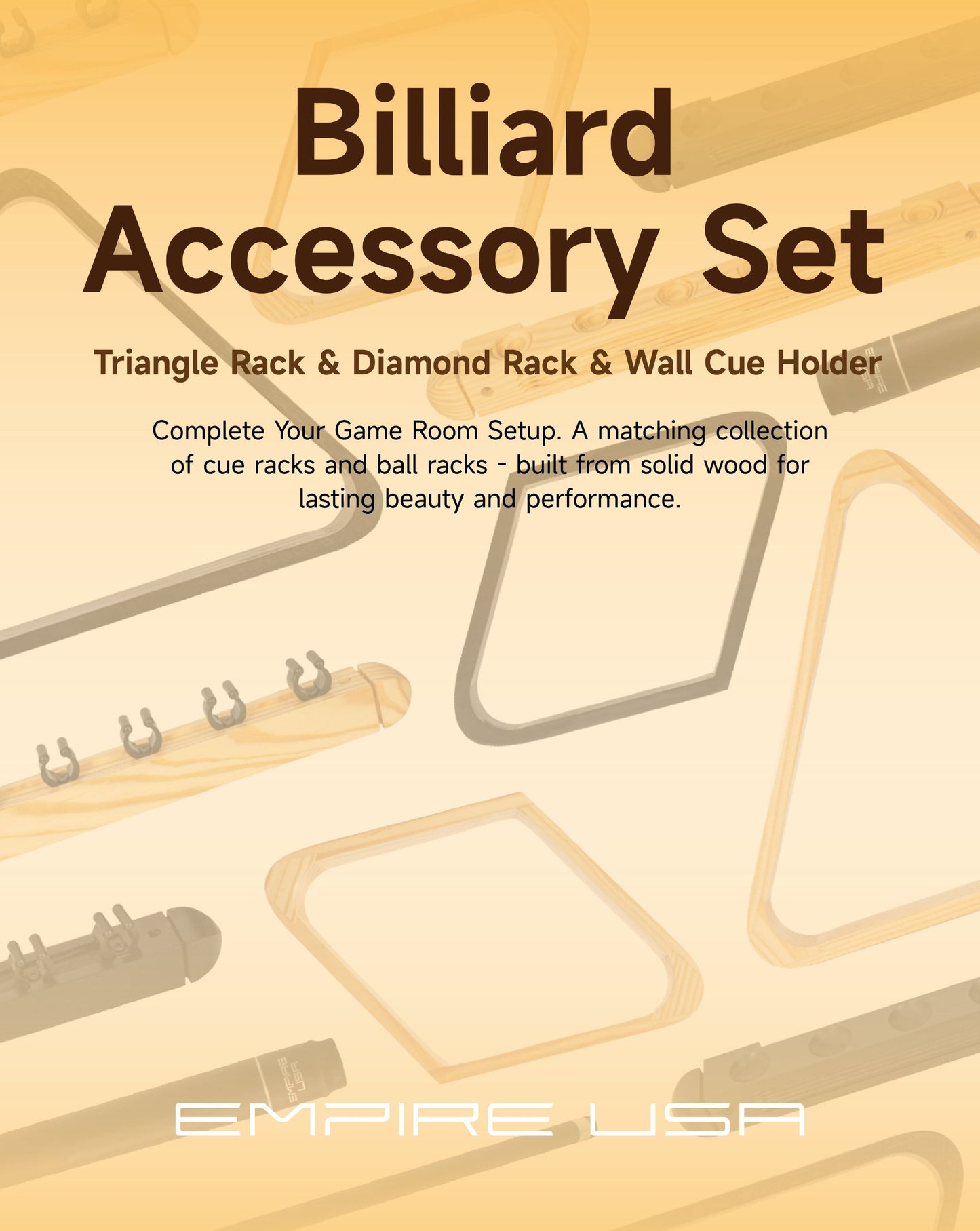 Empire USA - Burlywood Pool Cue Rack Set with Triangle and Diamond Racks, 6 Stick Holders, Natural Pine
