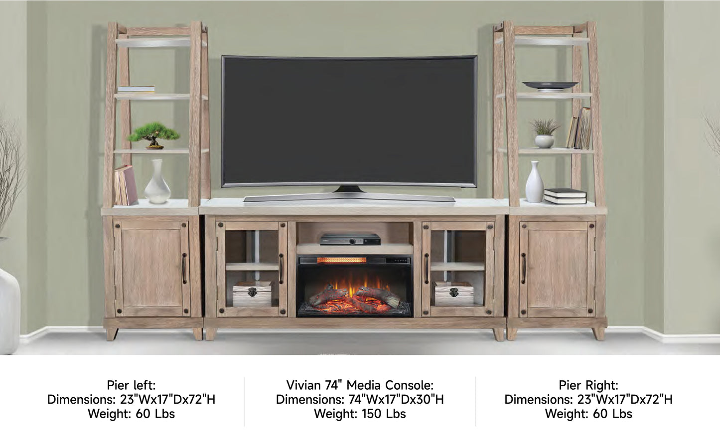 3644LW-74,PL,PR TV Console/TV Stand and Pier/Left & Right Beige(120-Inch，optional Electric Fireplace,2001B-28c&2001B-28w)