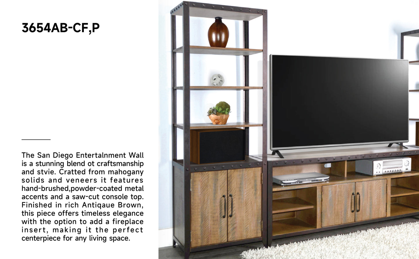 3654AB-CF,P  TV Console/TV Stand and Pier/ Brown/Gary  (110-Inch，optional Electric Fireplace,2001B-28c&2001B-28w)