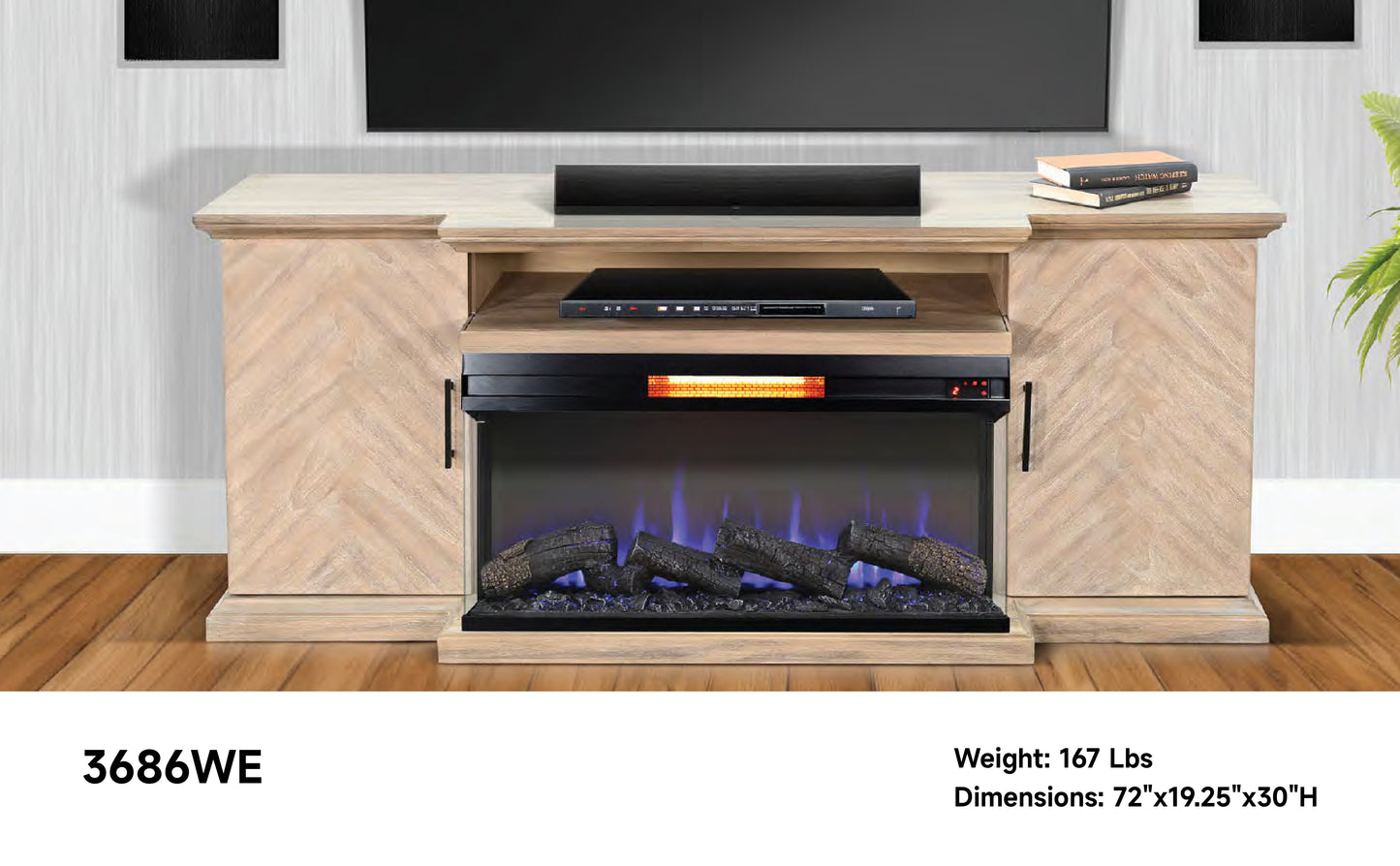 3686WE Media Console Rustic TV Stand Brown  (66-inch, optional Fireplace ,for 36''fireplace option 2001B-36P )