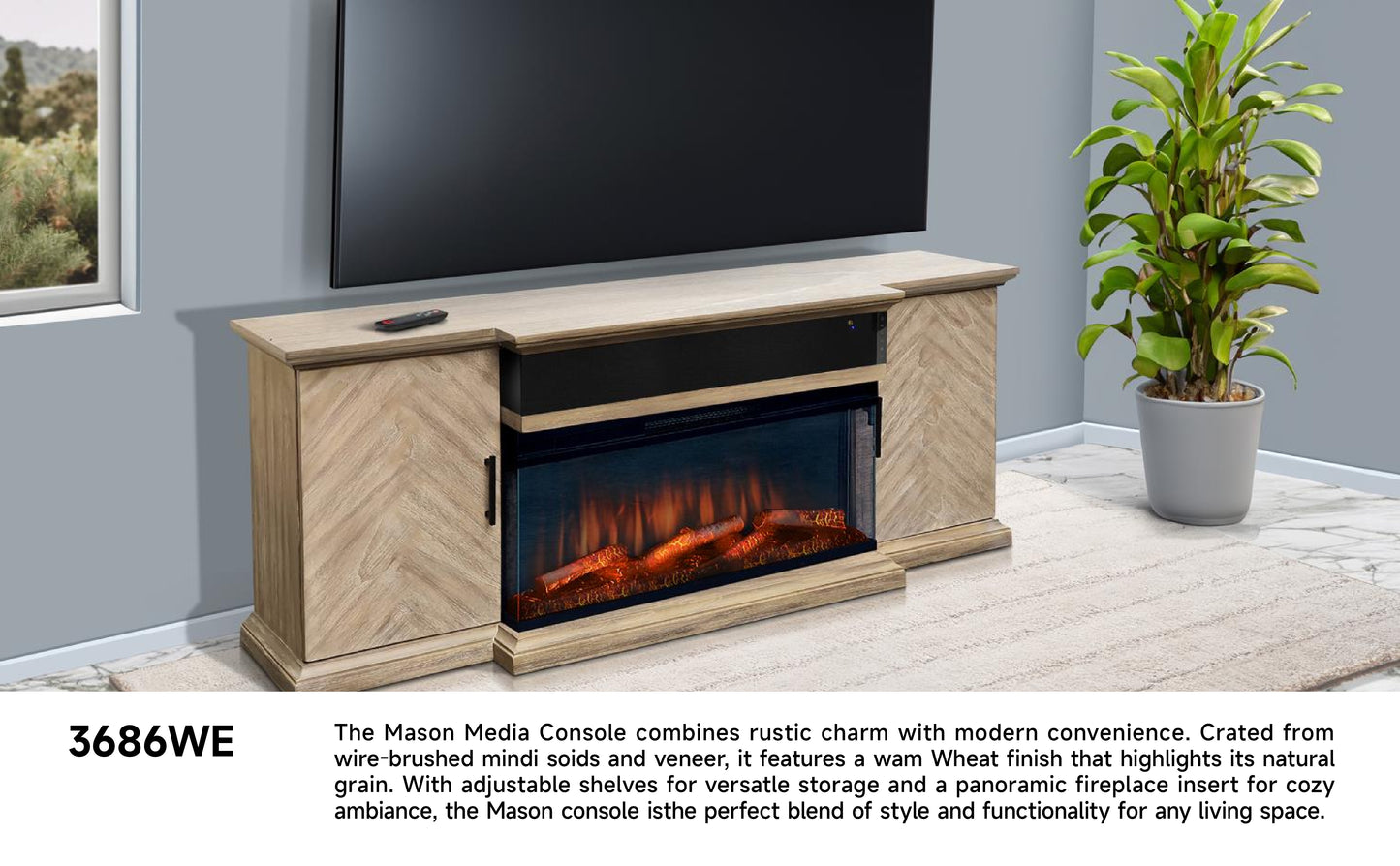 3686WE Media Console Rustic TV Stand Brown  (66-inch, optional Fireplace ,for 36''fireplace option 2001B-36P )