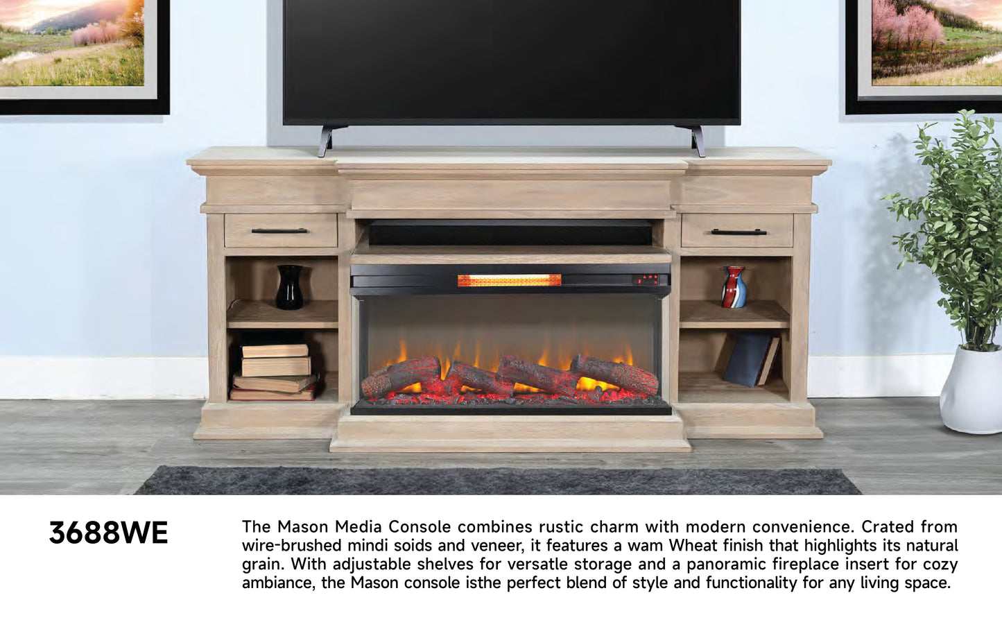 3688WE Media Console Rustic TV Stand Beige  (72-inch, optional Fireplace ,for 36''fireplace option 2001B-36P )
