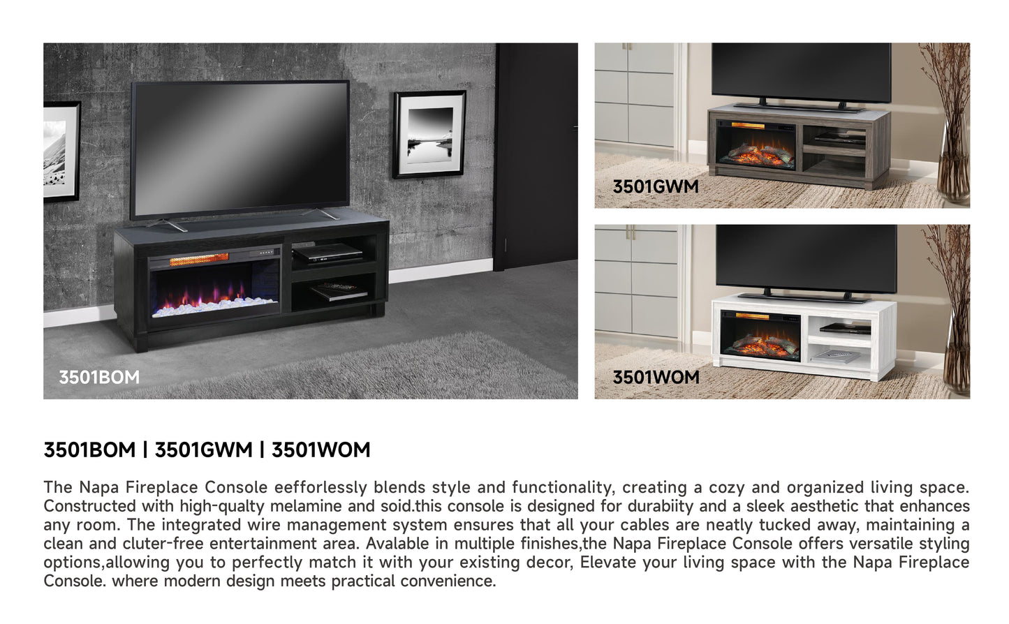 3501BOM Media Console Rustic TV Stand Black (56-inch, Not Contain Fireplace, W/28'' Fireplace Option 2001B-28W&C)