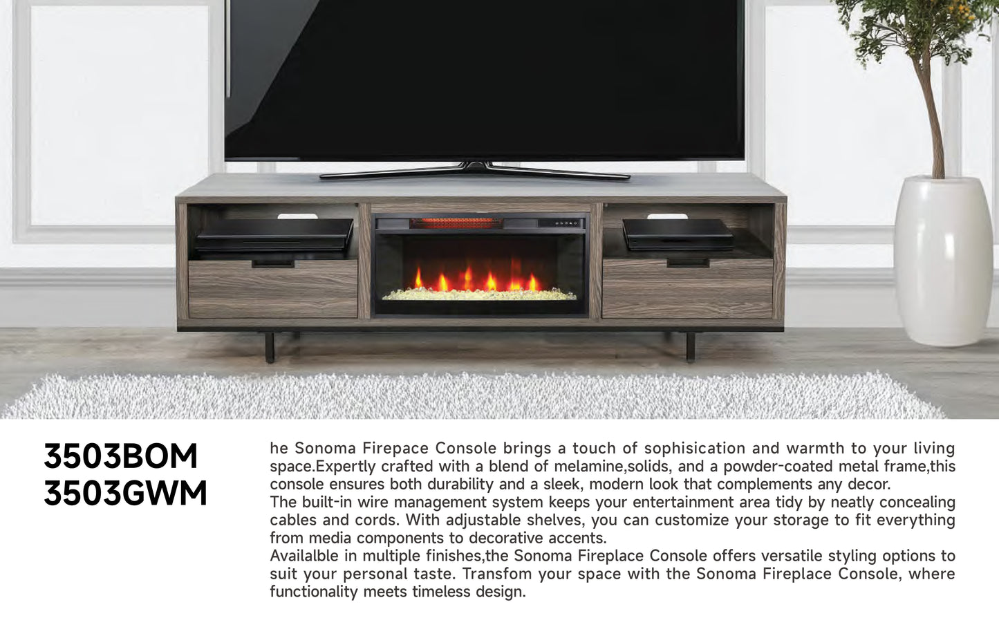 3503GWM Media Console Rustic TV Stand Black/Gary  (78-inch, Not Contain Fireplace, W/28'' Fireplace Option 2001B-28W&C)